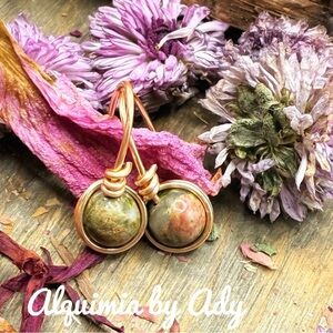 Green unakite gold statement earrings